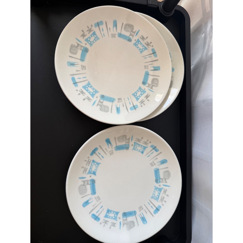 Royal China BlueHeaven MCM Atomic Blue Gray Geo Salad Plates 3 Piece Set